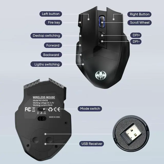 Alt view image 7 of 7 - IHDAPP Wireless Gaming Mouse, Dual-Mode 2.4G/Bluetooth Wireless Mouse, Rechargeable PC Gaming Mice with Fire Button, 4-Level DPI up to 4800dpi, Noiseless Click, 10 Buttons for PC, Mac, Laptop, Tablet