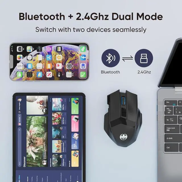 Alt view image 2 of 7 - IHDAPP Wireless Gaming Mouse, Dual-Mode 2.4G/Bluetooth Wireless Mouse, Rechargeable PC Gaming Mice with Fire Button, 4-Level DPI up to 4800dpi, Noiseless Click, 10 Buttons for PC, Mac, Laptop, Tablet