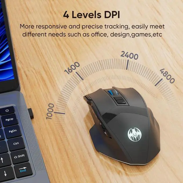 Alt view image 3 of 7 - IHDAPP Wireless Gaming Mouse, Dual-Mode 2.4G/Bluetooth Wireless Mouse, Rechargeable PC Gaming Mice with Fire Button, 4-Level DPI up to 4800dpi, Noiseless Click, 10 Buttons for PC, Mac, Laptop, Tablet