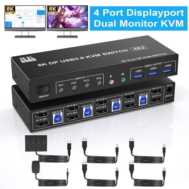 8K Displayport KVM Switch 3 Monitors 2 Computers, DP1.4 Triple Monitor KVM With