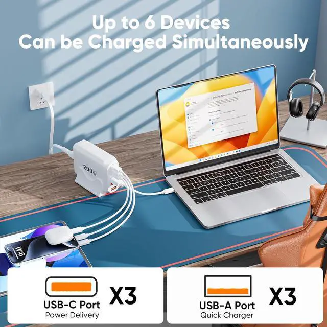 Alt view image 2 of 7 - IHDAPP 200W USB C Charger Block Multiple Ports, GaN III USB Charging Station 6 Ports Charging Hub, Multi Port Charger for Laptop Mac-Book i-Pad i-Phone 15 Galaxy Go-og-le Pixel De-ll Air-Pods Switch