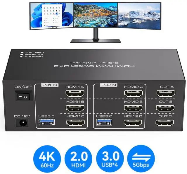 Main image of IHDAPP 8K Triple Monitor HDMI KVM Switch 3 Monitors 2 Computers 4K@60Hz KVM Switches with 4 USB 3.0 Ports for 2 Computers Sharing Triple Monitor and 4 USB 3.0 Devices Support Extended & Copy Mode