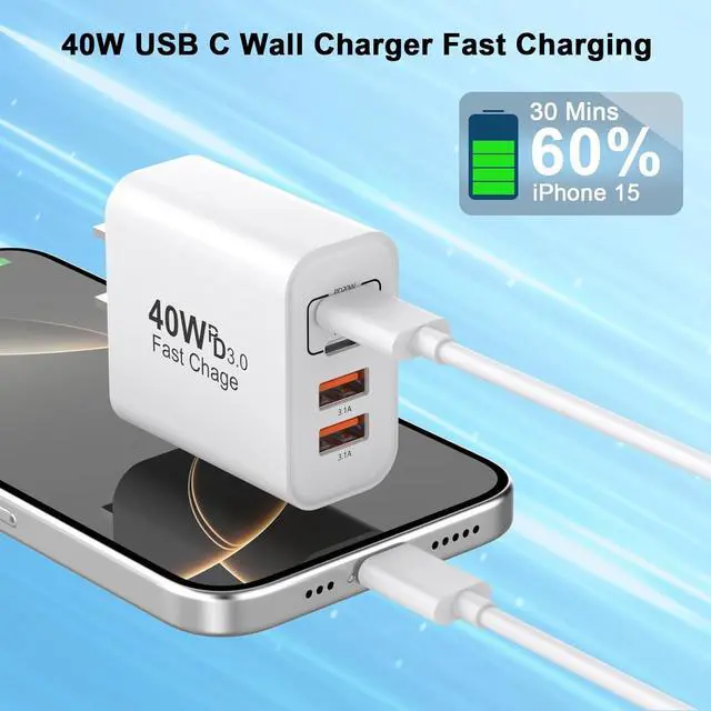 Alt view image 4 of 7 - IHDAPP USB C Charger Block, [2 Pack] 40W 4 Ports Type C Charger Fast Charging Cubes PD+QC 3.0 Power Adapter Multiport Brick Type C Box Compatible for iPhone 16/15/14/13/12/11 Pro Max, Android Phones