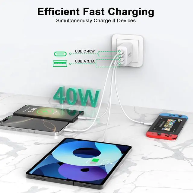 Alt view image 2 of 7 - IHDAPP USB C Charger Block, [2 Pack] 40W 4 Ports Type C Charger Fast Charging Cubes PD+QC 3.0 Power Adapter Multiport Brick Type C Box Compatible for iPhone 16/15/14/13/12/11 Pro Max, Android Phones