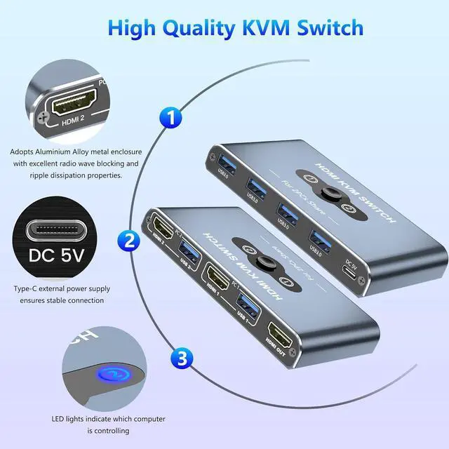 Alt view image 5 of 7 - IHDAPP HDMI KVM Switch, 2 Port HDMI KVM Switch 1 Monitors 2 Computers, HDMI Switch, 4K@60Hz KVM Switches for 2 Computers Sharing 1 Monitor, 4 USB 3.0 Devices Such as Keyboard, Mouse, Printer, Scanner