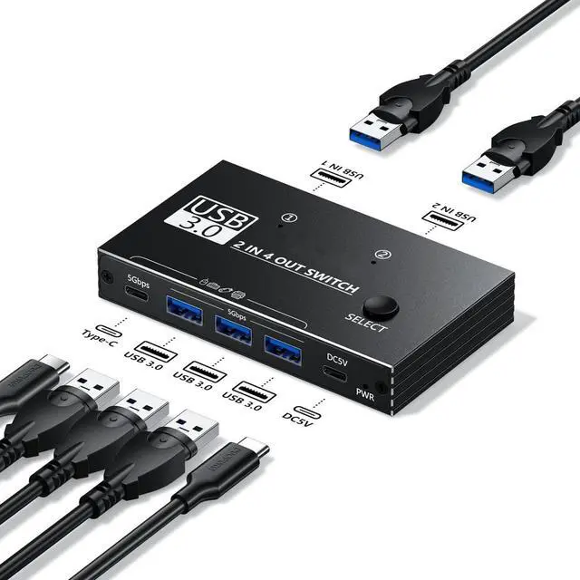 Main image of IHDAPP USB 3.0 Switcher for 2 Computers Sharing USB C & A Devices, 4 Port USB 3.0 Switch Selector, 2 in 4 Out USB Switch Sharing Keyboard and Mouse, Scanner/Printer with 2 USB-A to A Cables