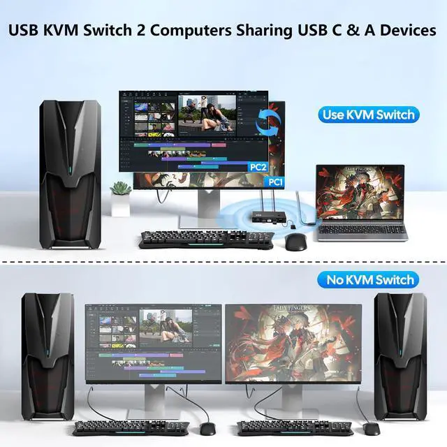 Alt view image 2 of 7 - IHDAPP USB 3.0 Switcher for 2 Computers Sharing USB C & A Devices, 4 Port USB 3.0 Switch Selector, 2 in 4 Out USB Switch Sharing Keyboard and Mouse, Scanner/Printer with 2 USB-A to A Cables