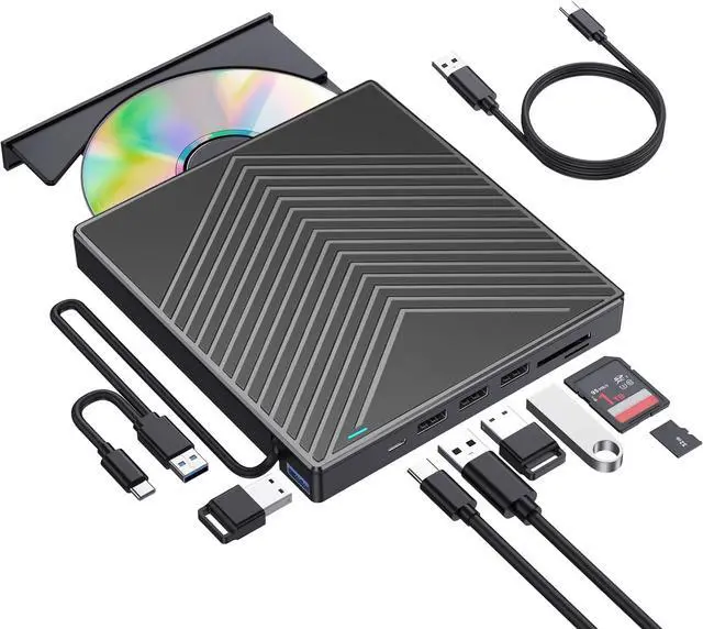 Main image of IHDAPP 8 in 1 External CD DVD Drive, CD Burner DVD Player USB 3.0 with 4 USB Port and 2 SD/TF Card Reader, USB-C CD/DVD-ROM +/-RW Disk Drive Adapter Writer for Laptop PC Windows 11/10/8/7 Linux MacOS