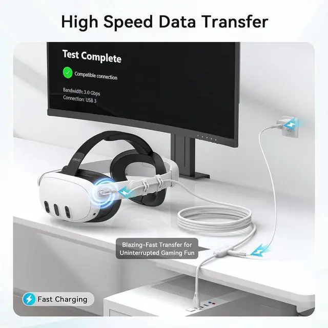 Alt view image 2 of 7 - IHDAPP 16.4FT (5M) USB A to USB C VR Charging Link Cable Compatible with Me-ta Quest 3/3S/Pico 4 - with Separate Fast Charging Port, High-Speed Max 5Gbps Transfer to PC VR/Steam VR, Play While Charger