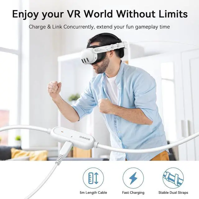 Alt view image 7 of 7 - IHDAPP 16.4FT (5M) USB A to USB C VR Charging Link Cable Compatible with Me-ta Quest 3/3S/Pico 4 - with Separate Fast Charging Port, High-Speed Max 5Gbps Transfer to PC VR/Steam VR, Play While Charger