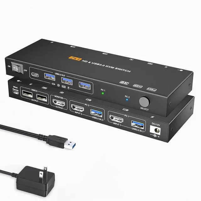 Main image of IHDAPP 2 Port HDMI KVM Switch 1 Monitors 2 Computers 8K60Hz, with EDID Simulation, USB 3.0 HDMI KVM Switch 2 in 1 Out for 2 Computers Share Dual Monitors and 4 USB Devices with Remote Controller