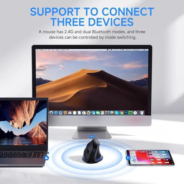 Alt view image 2 of 7 - IHDAPP Ergonomic Wireless Mouse, Bluetooth Vertical Mouse with LED Light, Control Up to 3 Devices (BT5.0+BT5.0+2.4GHz), Adjustable DPI 2400/1600/1000, Bluetooth Mouse for PC, Laptop, Mac, Windows