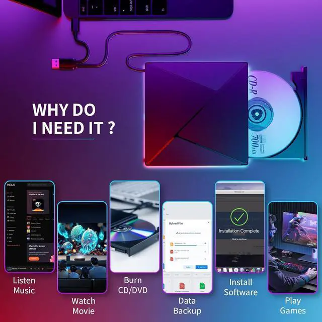 Alt view image 7 of 7 - IHDAPP RGB DVD Player for Laptop, External CD DVD Drive for Mac, USB 3.0 USB C Portable CD Burner External Disk Drive, DVD Reader Writer ROM Drive Compatible with Laptop Desktop Mac,Windows 11/10/8/7