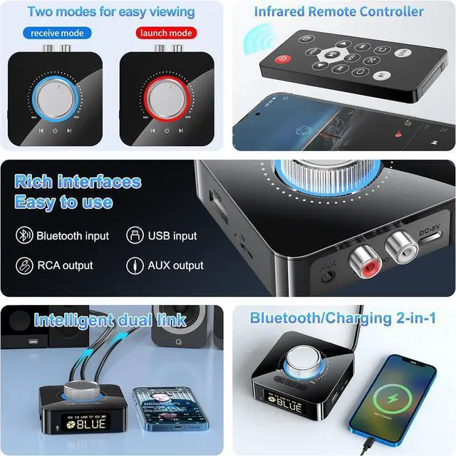 Alt view image 2 of 7 - IHDAPP Bluetooth 5.4 Receiver for HiFi, Wireless Audio Adapter with AUX 3.5mm/RCA Bluetooth Audio Receiver for PC/Mac/Smartphone/Tablet/AV Receiver, AptX HD, Dual Pairing