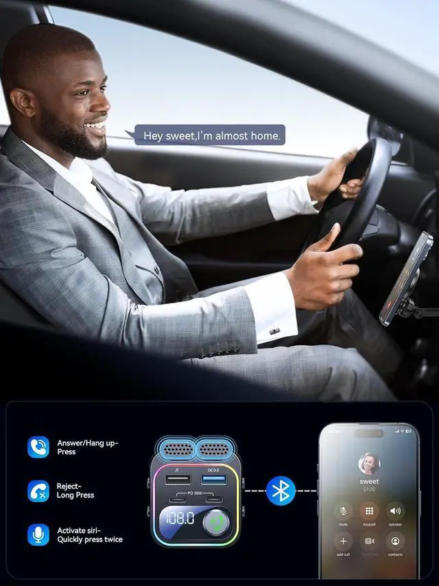 Alt view image 4 of 7 - IHDAPP 60W Bluetooth 5.4 FM Transmitter Car Adapter [Reinforced Dual Mics & Deep Bass] [Dual PD 60W & QC 3.0 ] Fast Charging Handsfree Calling Wireless Radio Bluetooth Transmitter for Car [Black]