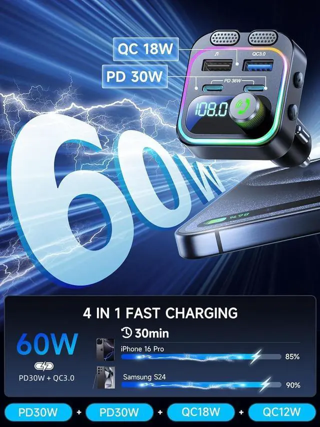 Alt view image 5 of 7 - IHDAPP 60W Bluetooth 5.4 FM Transmitter Car Adapter [Reinforced Dual Mics & Deep Bass] [Dual PD 60W & QC 3.0 ] Fast Charging Handsfree Calling Wireless Radio Bluetooth Transmitter for Car [Black]