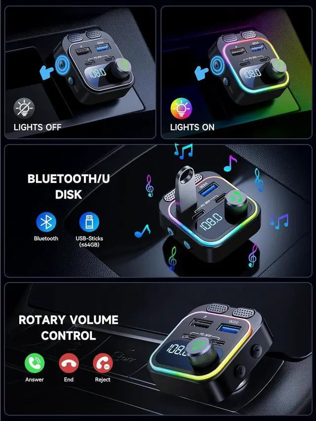 Alt view image 7 of 7 - IHDAPP 60W Bluetooth 5.4 FM Transmitter Car Adapter [Reinforced Dual Mics & Deep Bass] [Dual PD 60W & QC 3.0 ] Fast Charging Handsfree Calling Wireless Radio Bluetooth Transmitter for Car [Black]