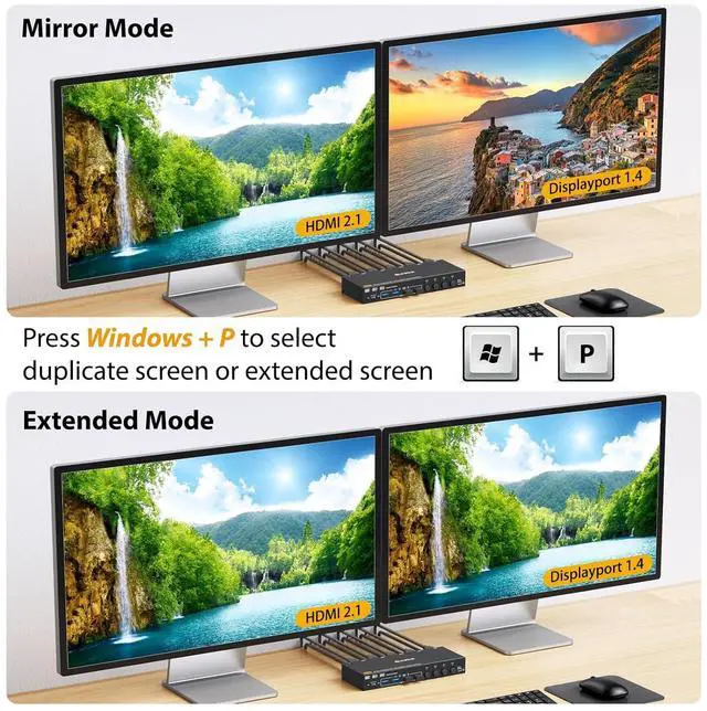 Alt view image 3 of 7 - IHDAPP HDMI + Displayport KVM Switch 4 Computers 2 Monitors, 8K@60Hz 4K@144Hz, USB 3.0 Dual Monitor KVM Switches for 4 PC Share 2 Monitors and Keyboard, Mouse and Printer, with Wired Remote