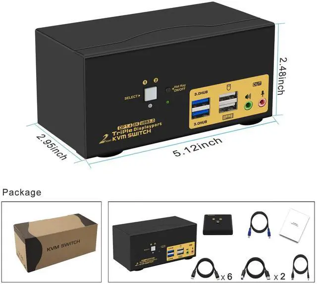 Alt view image 6 of 6 - IHDAPP 2 Port USB 3.0 Triple Monitor Displayport KVM Switch, DP 1.4 Support 8K@30Hz 4K@144Hz, KVM Switches 2 Computers 3 Monitors Video Keyboard Mouse Peripheral Audio Sharing Selector Box with Cables