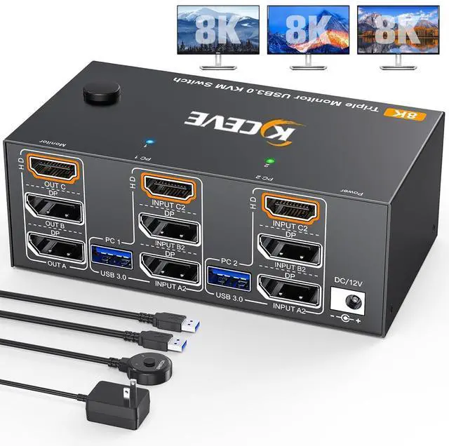 Main image of IHDAPP 8K@60Hz HDMI + 2 Displayport KVM Switch 3 Monitors 2 Computers 4K@144Hz Triple Monitor KVM Switches for 2 PCs 3 Monitors with 4 USB 3.0 Port, Wired Remote,Power Adapter & USB3.0 Cables Included