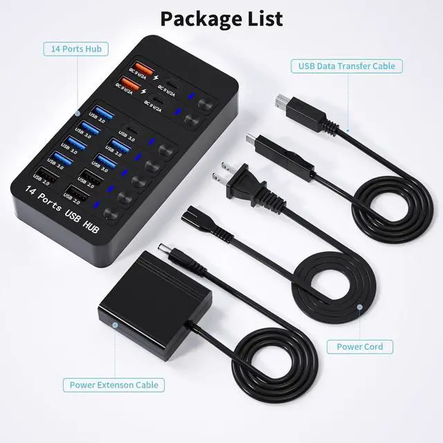 Alt view image 7 of 7 - IHDAPP Powered USB 3.0 Hub, 14 Ports USB Splitter Hub (10 Faster Data Transfer Ports + 4 Smart USB Charging Port) USB Hub with LED Individual On/Off Switches for PC, Laptop, Desktop