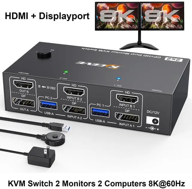 Main image of IHDAPP 4K@144Hz KVM Switch 2 Monitors 2 Computers 8K@60Hz, HDMI and Displayport Dual Monitor KVM Switch with 4 USB 3.0 Port for Keyboard Mouse Printer, with Wired Remote, Power Adapter and USB Cables