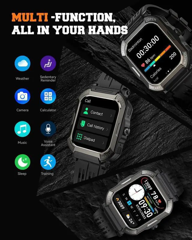 Alt view image 7 of 7 - IHDAPP Military Smart Watches for Men (Answer/Make Calls), 1.91'' Fitness Smart Watch for Android & iPhone, IP68 Waterproof Fitness Tracker with Step Counter/Sleep Monitor/110+ Sport Modes, Smartwatch