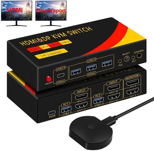 Main image of IHDAPP Dual Monitor HDMI + Displayport Switch 2 Monitors 2 Computers, DP HDMI KVM Switch  8K@60Hz for 2 computers share 2 monitors and 3 USB-A and 1 USB-C Devices, with Desktop Controller & USB Cables