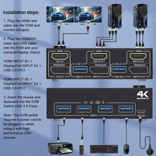 Alt view image 2 of 7 - IHDAPP KVM Switch 2 PC 2 Monitors 4K @ 60Hz 2K @ 120Hz, Displayport + HDMI Dual Monitors KVM Switch for 2 PCs that share 2 Monitors and 4 USB 3.0 Devices with HDMI + DP + USB Cable and Wired Remote