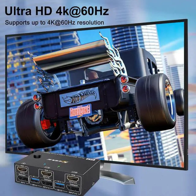 Alt view image 4 of 7 - IHDAPP KVM Switch 2 PC 2 Monitors 4K @ 60Hz 2K @ 120Hz, Displayport + HDMI Dual Monitors KVM Switch for 2 PCs that share 2 Monitors and 4 USB 3.0 Devices with HDMI + DP + USB Cable and Wired Remote
