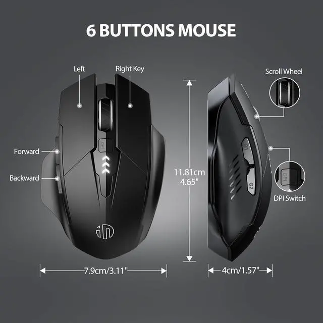 Alt view image 6 of 7 - IHDAPP 2.4G RF Wireless Mouse, Rechargeable Mouse, Battery Visible, 4 adjustable DPI (up to 2400 DPI), 6 Buttons, Ergonomic Large Mouse for Laptop, Computer, Windows 7/8/10/XP, Vista and Mac OS