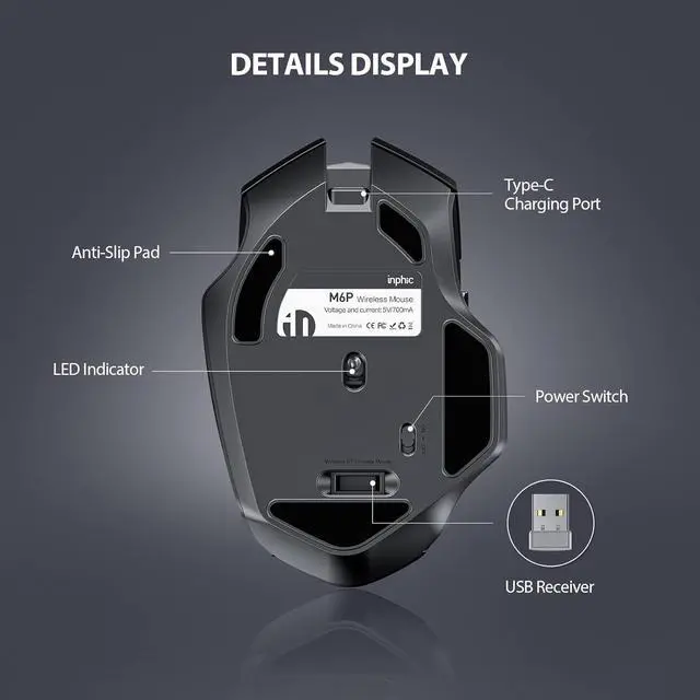 Alt view image 7 of 7 - IHDAPP 2.4G RF Wireless Mouse, Rechargeable Mouse, Battery Visible, 4 adjustable DPI (up to 2400 DPI), 6 Buttons, Ergonomic Large Mouse for Laptop, Computer, Windows 7/8/10/XP, Vista and Mac OS