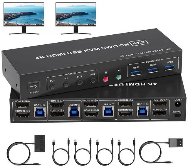 Main image of IHDAPP 4 in 2 Out HDMI KVM Switch 4 Computers 2 Monitors with 3 USB 3.0 Ports, 4K@60Hz 4 Port HDMI Dual Monitor KVM Switch for 4 PCs Share 2 Monitors, Support Button Switch & Desktop Controller