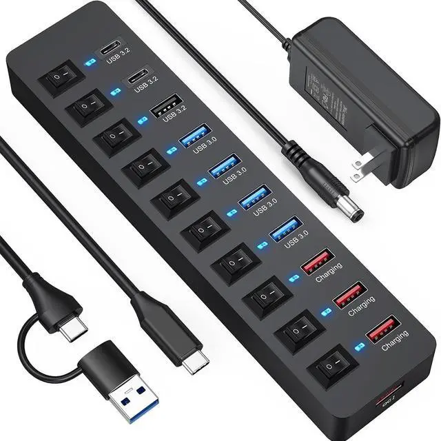 Main image of IHDAPP 11-Port Powered USB Hub 3.2, Type C & USB 3.2 Gen2 (10Gbps)*3 + USB3.0 (5Gbps)*4 + Charging Port*4 with 12V Power Adapter Individual Switches Multiport Expander for Laptop PC Phone External SDD