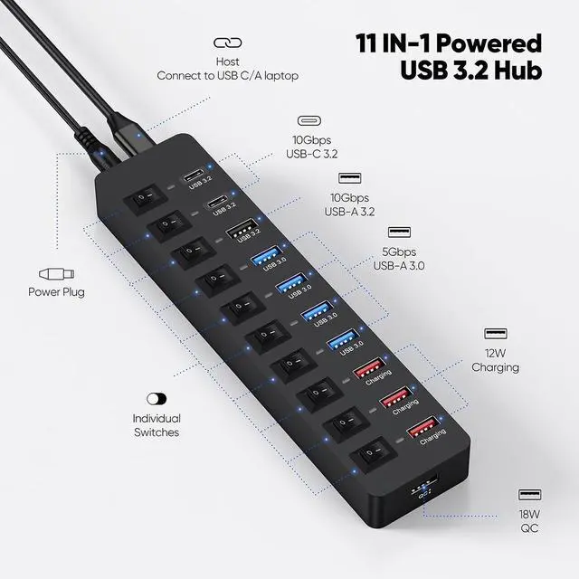 Alt view image 2 of 7 - IHDAPP 11-Port Powered USB Hub 3.2, Type C & USB 3.2 Gen2 (10Gbps)*3 + USB3.0 (5Gbps)*4 + Charging Port*4 with 12V Power Adapter Individual Switches Multiport Expander for Laptop PC Phone External SDD