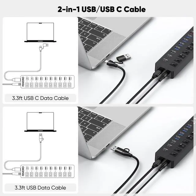 Alt view image 6 of 7 - IHDAPP 11-Port Powered USB Hub 3.2, Type C & USB 3.2 Gen2 (10Gbps)*3 + USB3.0 (5Gbps)*4 + Charging Port*4 with 12V Power Adapter Individual Switches Multiport Expander for Laptop PC Phone External SDD