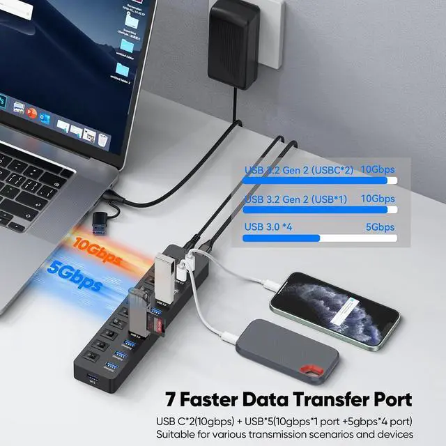 Alt view image 3 of 7 - IHDAPP 11-Port Powered USB Hub 3.2, Type C & USB 3.2 Gen2 (10Gbps)*3 + USB3.0 (5Gbps)*4 + Charging Port*4 with 12V Power Adapter Individual Switches Multiport Expander for Laptop PC Phone External SDD