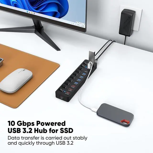 Alt view image 5 of 7 - IHDAPP 11-Port Powered USB Hub 3.2, Type C & USB 3.2 Gen2 (10Gbps)*3 + USB3.0 (5Gbps)*4 + Charging Port*4 with 12V Power Adapter Individual Switches Multiport Expander for Laptop PC Phone External SDD