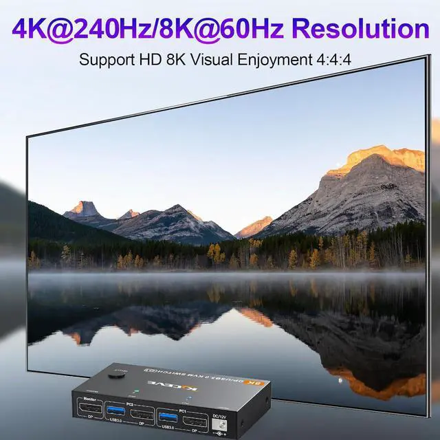 Alt view image 2 of 7 - IHDAPP 2 Port DP KVM Switch 2 Computer 1 Monitor, DisplayPort USB 3.0 KVM Switch Displayport 2.1 8K@60Hz 4K@144Hz for 2 PC Share One Monitor and Keyboard Mouse, with Wired Remote and Power Adapter