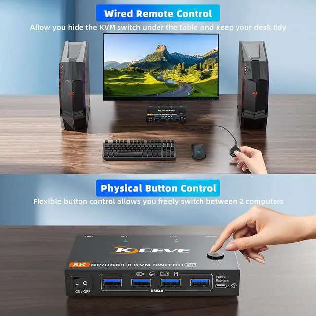 Alt view image 4 of 7 - IHDAPP 2 Port DP KVM Switch 2 Computer 1 Monitor, DisplayPort USB 3.0 KVM Switch Displayport 2.1 8K@60Hz 4K@144Hz for 2 PC Share One Monitor and Keyboard Mouse, with Wired Remote and Power Adapter
