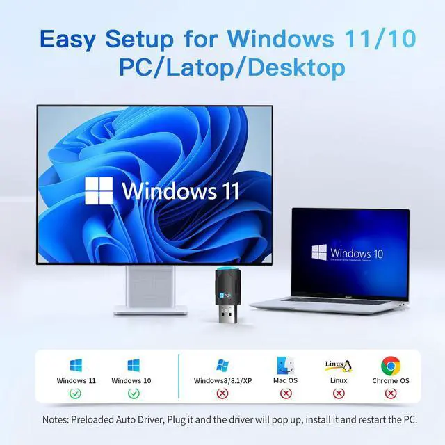 Alt view image 7 of 7 - IHDAPP 2-in-1 Wi-Fi 6 Bluetooth 5.4 USB Adapter for PC Laptop, AX900Mbps WiFi 2.4G/5GHz Wireless Network Dongle w/Built-in Driver for Windows 11 10 Desktop Headphones, Keyboard, Mouse, Controller