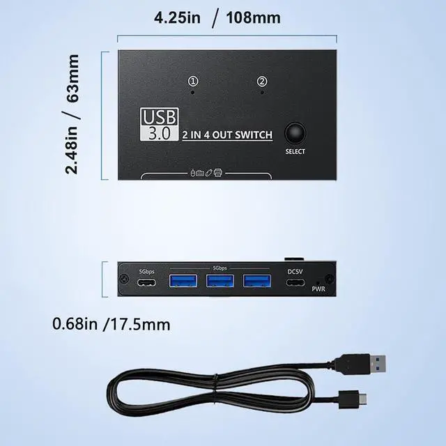 Alt view image 7 of 7 - IHDAPP USB 3.0 Switch, USB Switcher for 2 Computers Sharing 3x USB Type A and 1x USB C Port Hub PC Mouse Keyboard Hard Drives Printer One Button Switch Adapter with Windows Mac Linux, with USB Cable
