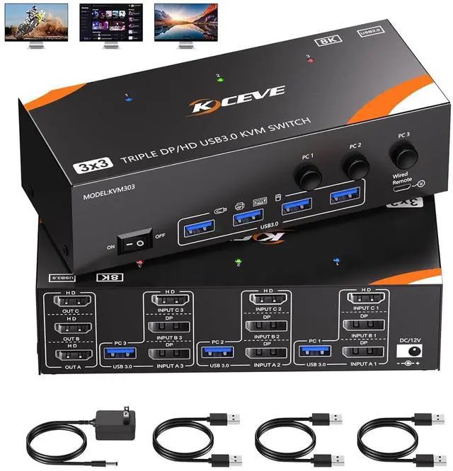 Main image of IHDAPP KVM Switch 3 Monitors 3 Computers 8K@60Hz/4K@120Hz, HDMI + 2 Displayport KVM Switches for 3 PC Sharing Triple Monitors and Keyboard Mouse with Power Adapter, Wired Controller and USB3.0 Cables