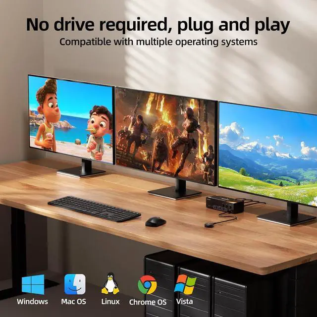 Alt view image 5 of 7 - IHDAPP KVM Switch 3 Monitors 3 Computers 8K@60Hz/4K@120Hz, HDMI + 2 Displayport KVM Switches for 3 PC Sharing Triple Monitors and Keyboard Mouse with Power Adapter, Wired Controller and USB3.0 Cables
