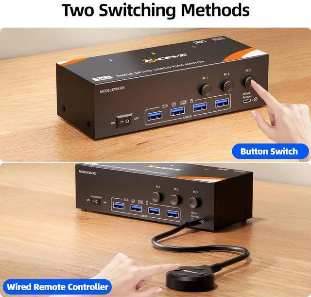 Alt view image 7 of 7 - IHDAPP KVM Switch 3 Monitors 3 Computers 8K@60Hz/4K@120Hz, HDMI + 2 Displayport KVM Switches for 3 PC Sharing Triple Monitors and Keyboard Mouse with Power Adapter, Wired Controller and USB3.0 Cables