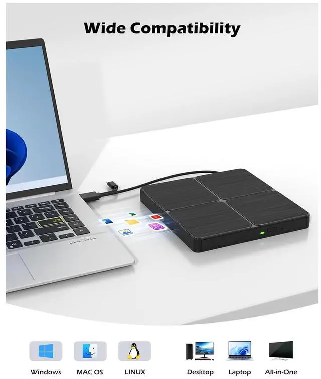 Alt view image 6 of 6 - IHDAPP External CD/DVD Drive for Laptop, USB 3.0 Type-C External DVD Drive Portable DVD Player for Laptop, CD Burner External CD DVD Optical Drive Compatible with PC Windows 11/10/8/7 Linux MacOS