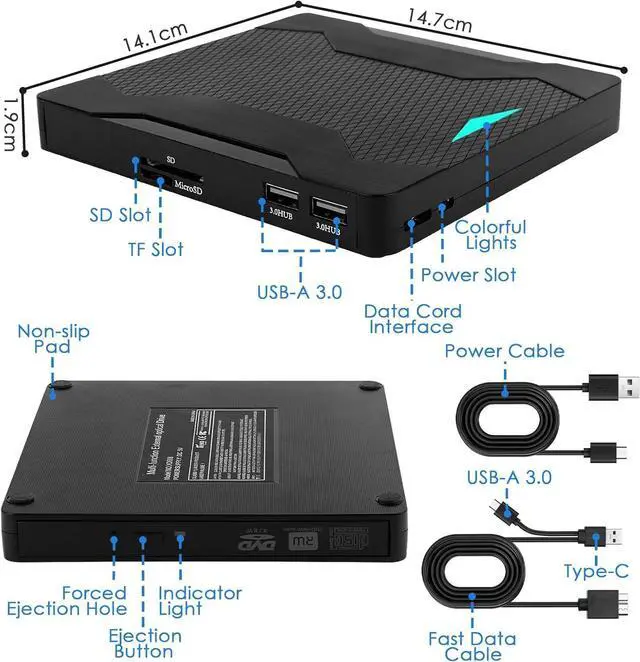 Alt view image 7 of 7 - IHDAPP External CD DVD Drive for Laptops, External DVD Burner and Player, USB 3.0 Type-C External CD/DVD Drive for Laptop PC, DVD CD+/-RW External Optical Drives for Windows 11/10/8/7/XP/Linux/MacOS