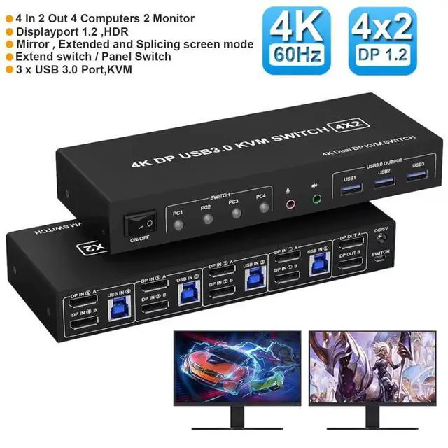 Main image of IHDAPP 4 Port Displayport USB 3.0 KVM Switch for 4 Computers 2 Monitors, 4x2 Displayport Dual Monitor KVM Switch, 4K@60Hz Displayport KVM Switch 4 In 2 Out for 4 PC Share 2 Monitors and 3 USB Devices