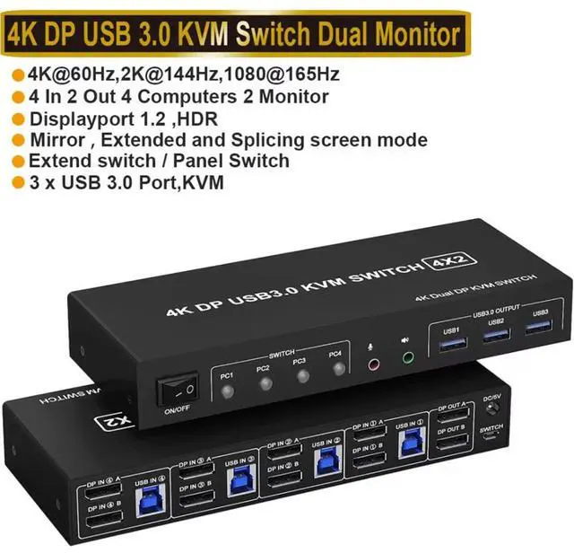 Alt view image 7 of 7 - IHDAPP 4 Port Displayport USB 3.0 KVM Switch for 4 Computers 2 Monitors, 4x2 Displayport Dual Monitor KVM Switch, 4K@60Hz Displayport KVM Switch 4 In 2 Out for 4 PC Share 2 Monitors and 3 USB Devices