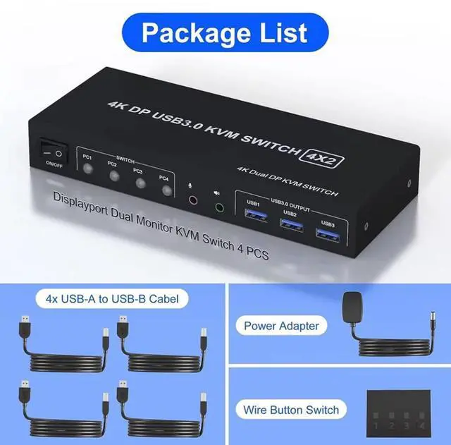 Alt view image 6 of 7 - IHDAPP 4 Port Displayport USB 3.0 KVM Switch for 4 Computers 2 Monitors, 4x2 Displayport Dual Monitor KVM Switch, 4K@60Hz Displayport KVM Switch 4 In 2 Out for 4 PC Share 2 Monitors and 3 USB Devices